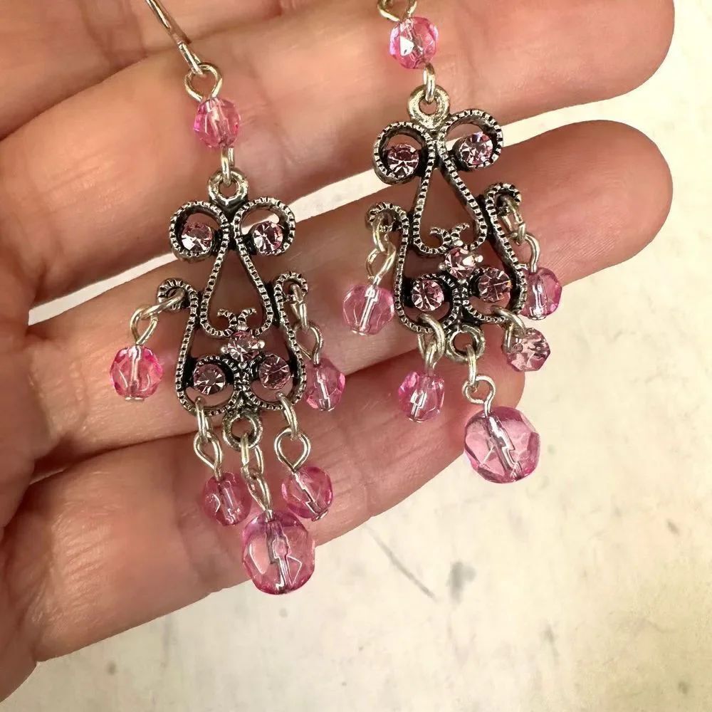 Silver tone pink beaded drop earrings